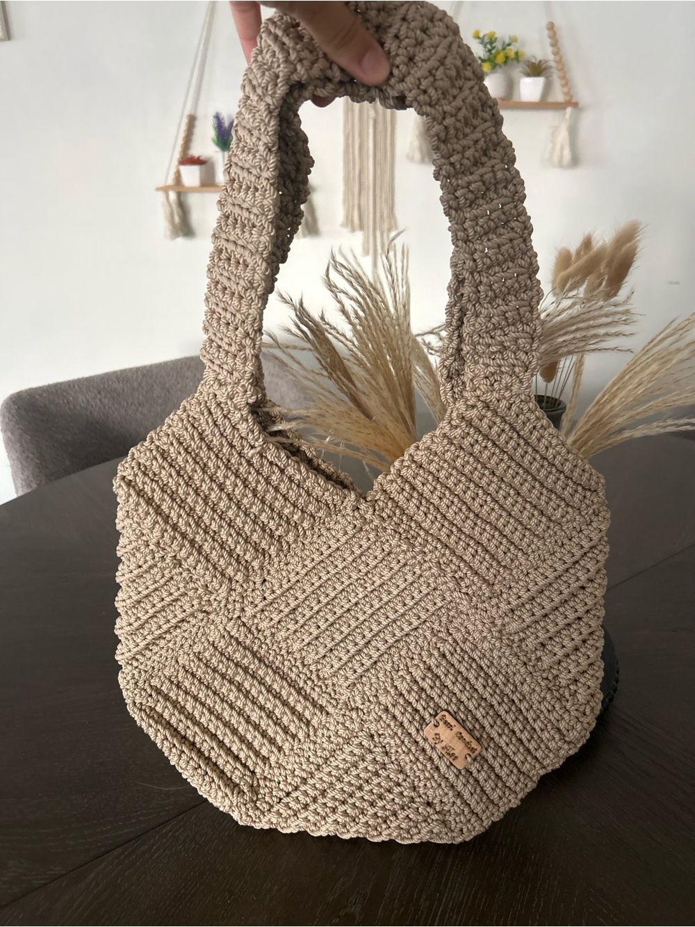 Beige Woven Crochet Tote Bag with Padded Handle